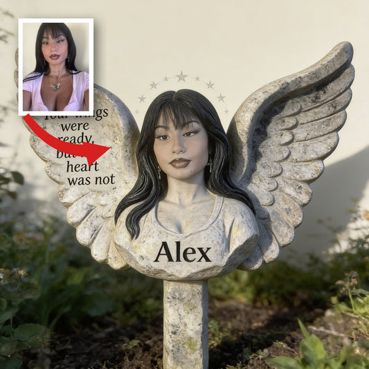 Personalisierte schwarze Mädchen-Gedenkengel-Gartenplakette 'Deine Flügel waren bereit' Trauergeschenk