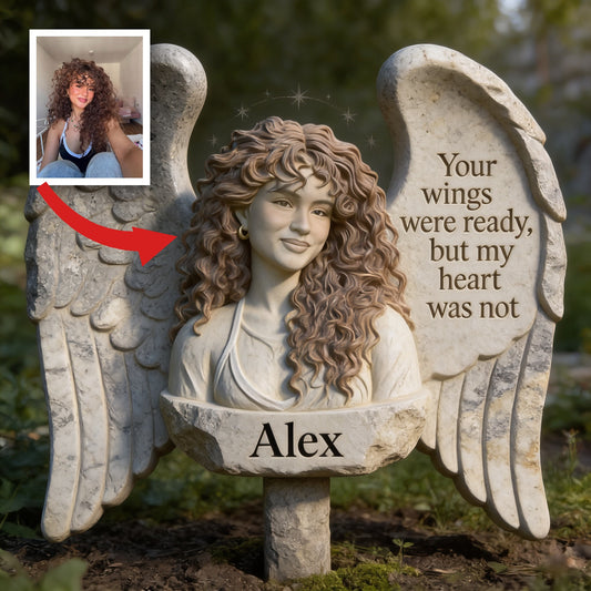 Personalisierte lateinische Mädchen-Gedenkengel-Garten-Acrylplakette - 'Deine Flügel waren bereit' Trauergeschenk für verstorbene Angehörige