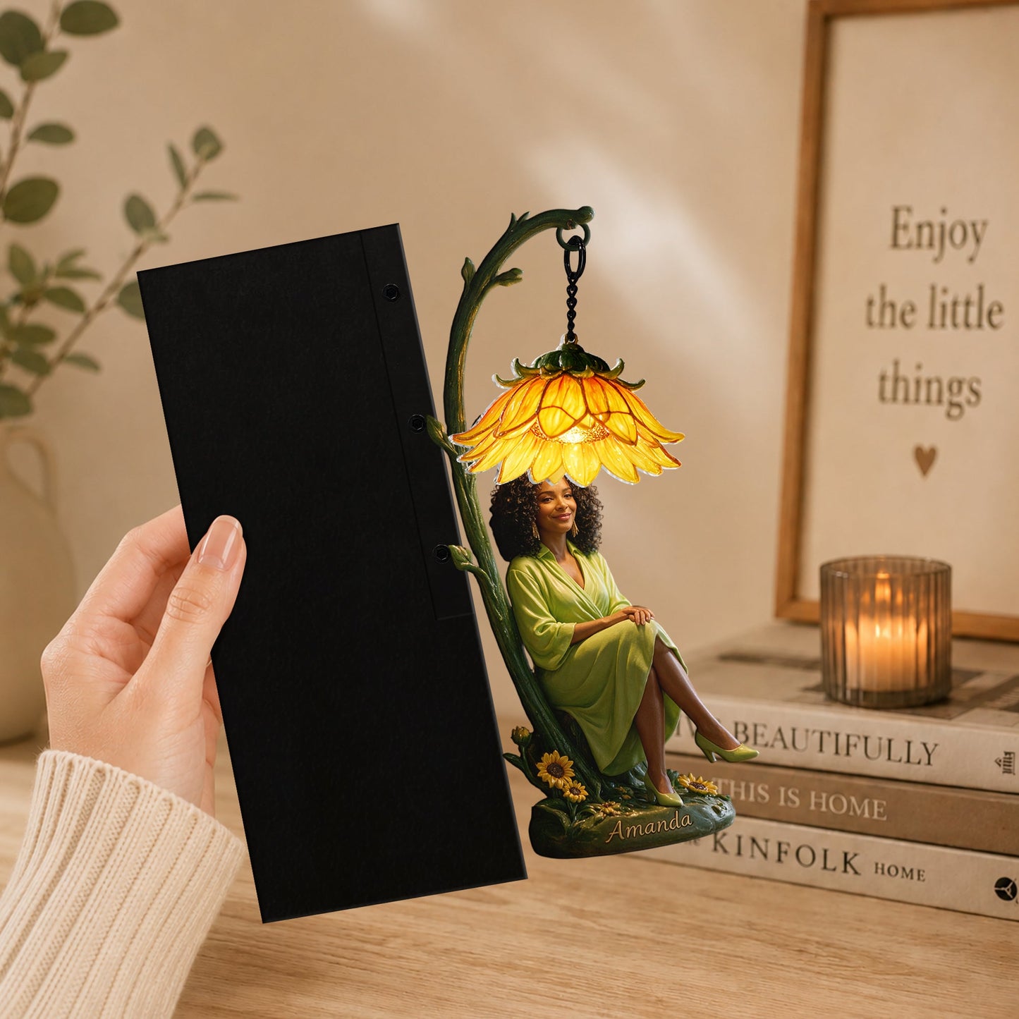 Personalized Elegant Seated Latin Woman Peony Flower Bookshelf Lamp, Custom Cozy Reading Nook Gift for Book Lovers