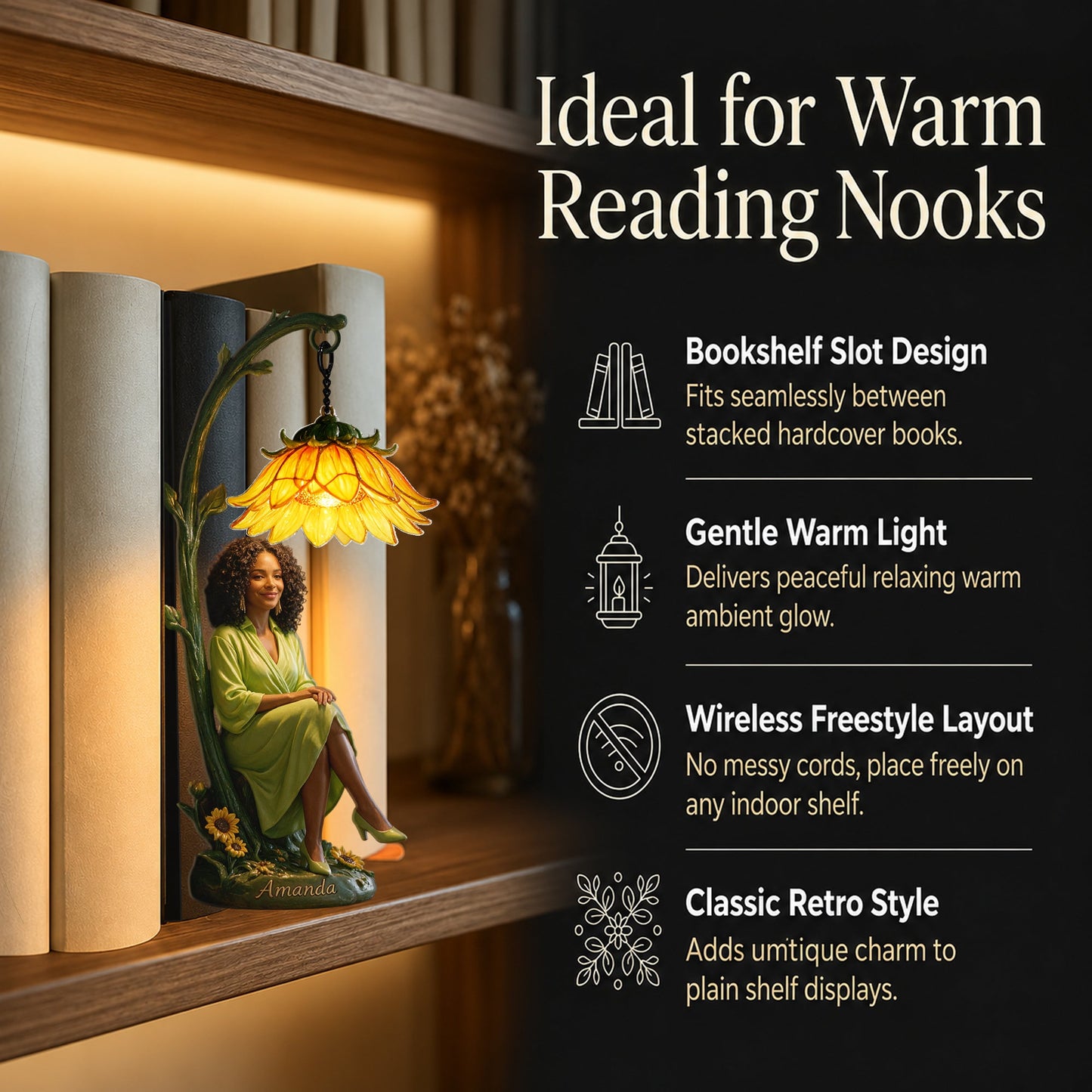 Personalized Elegant Seated Latin Woman Peony Flower Bookshelf Lamp, Custom Cozy Reading Nook Gift for Book Lovers