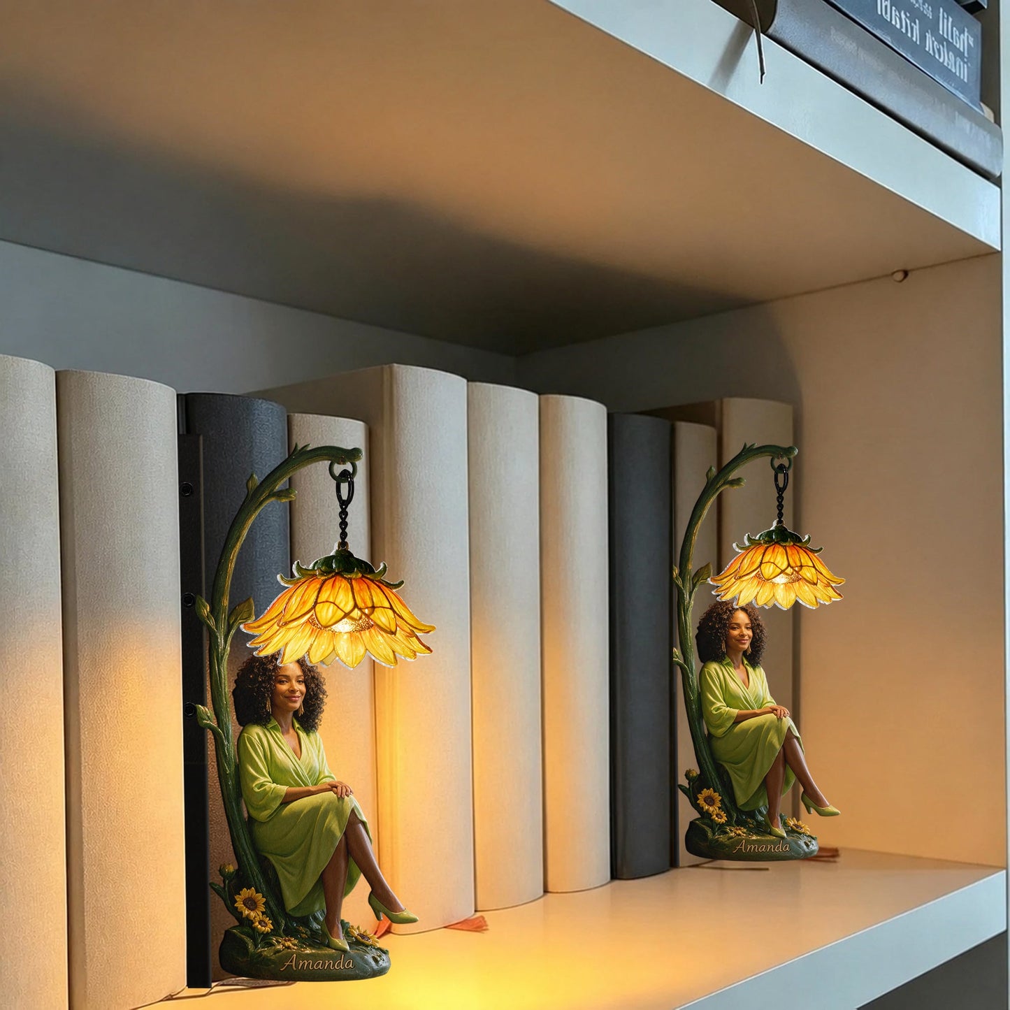 Personalized Elegant Seated Latin Woman Peony Flower Bookshelf Lamp, Custom Cozy Reading Nook Gift for Book Lovers