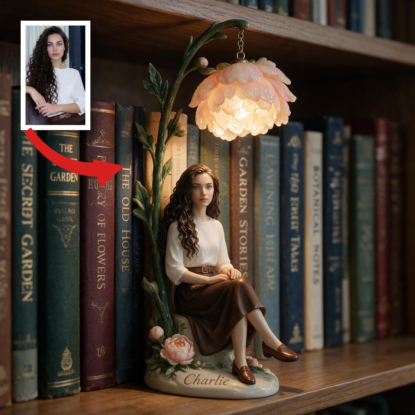 Personalized Elegant Seated Latin Woman Peony Flower Bookshelf Lamp, Custom Cozy Reading Nook Gift for Book Lovers