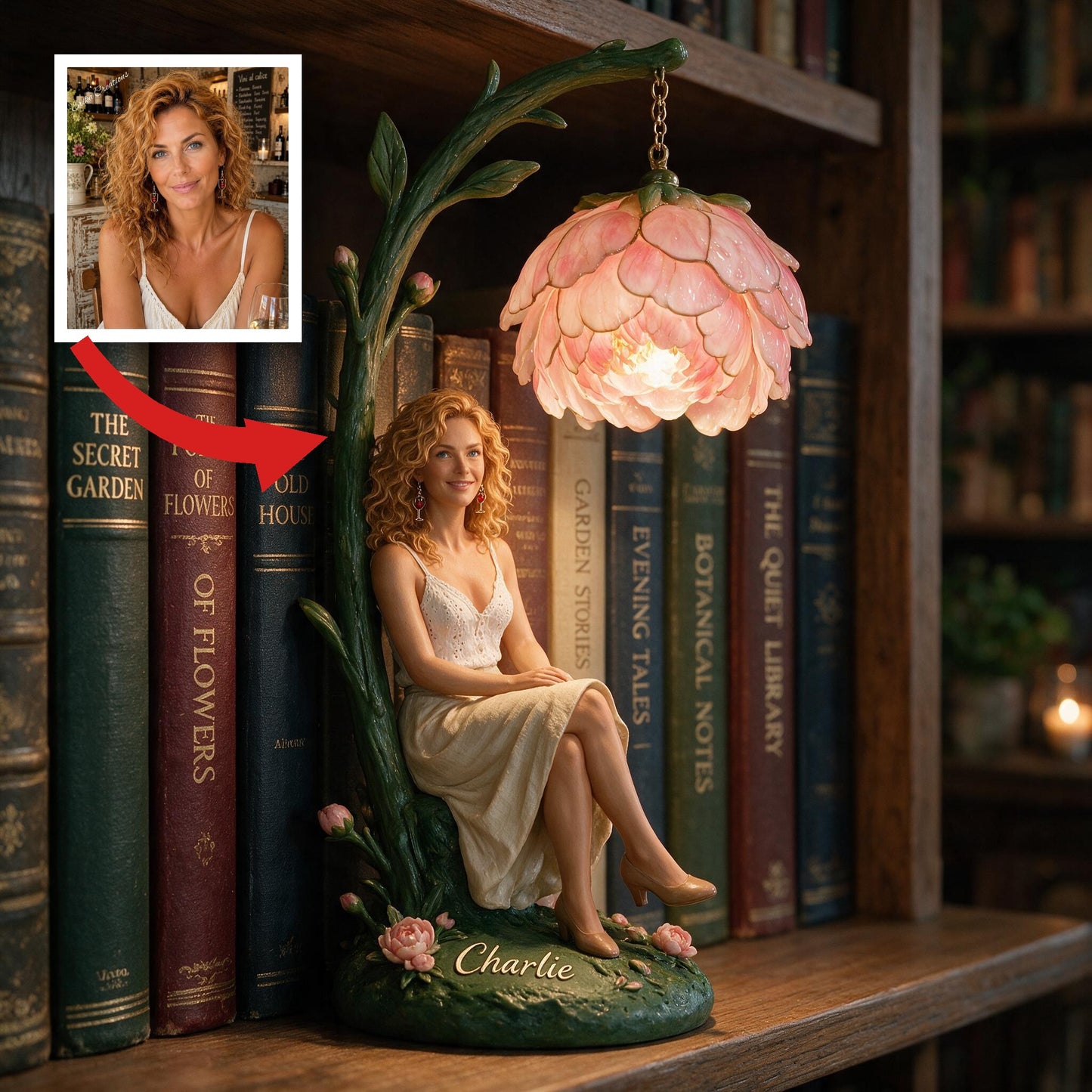 Personalized Seated Latin Woman Peony Flower Bookshelf Lamp Custom Cozy Reading Nook Home Decor Gift