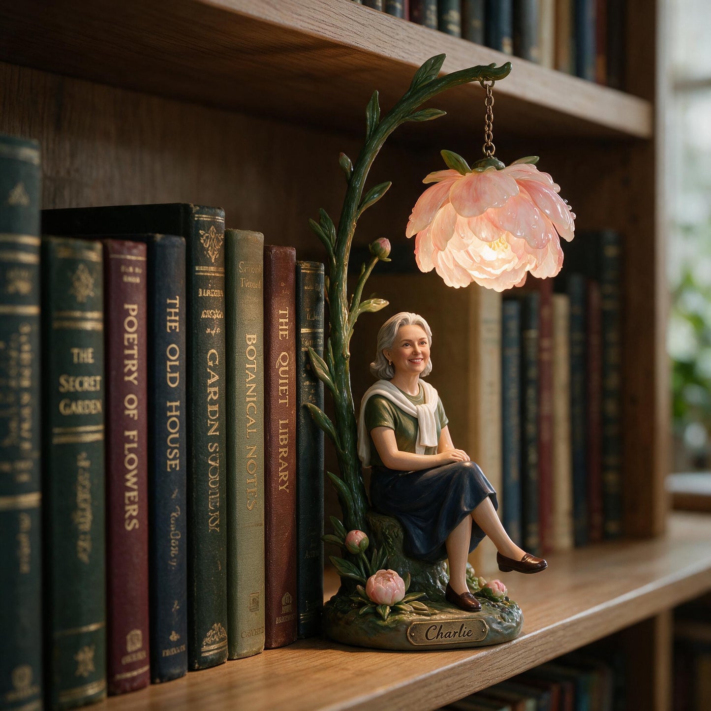 Custom Personalized Teacher Peony Flower Bookshelf Lamp Warm LED Decor Gift for Reading Nook Home Shelves