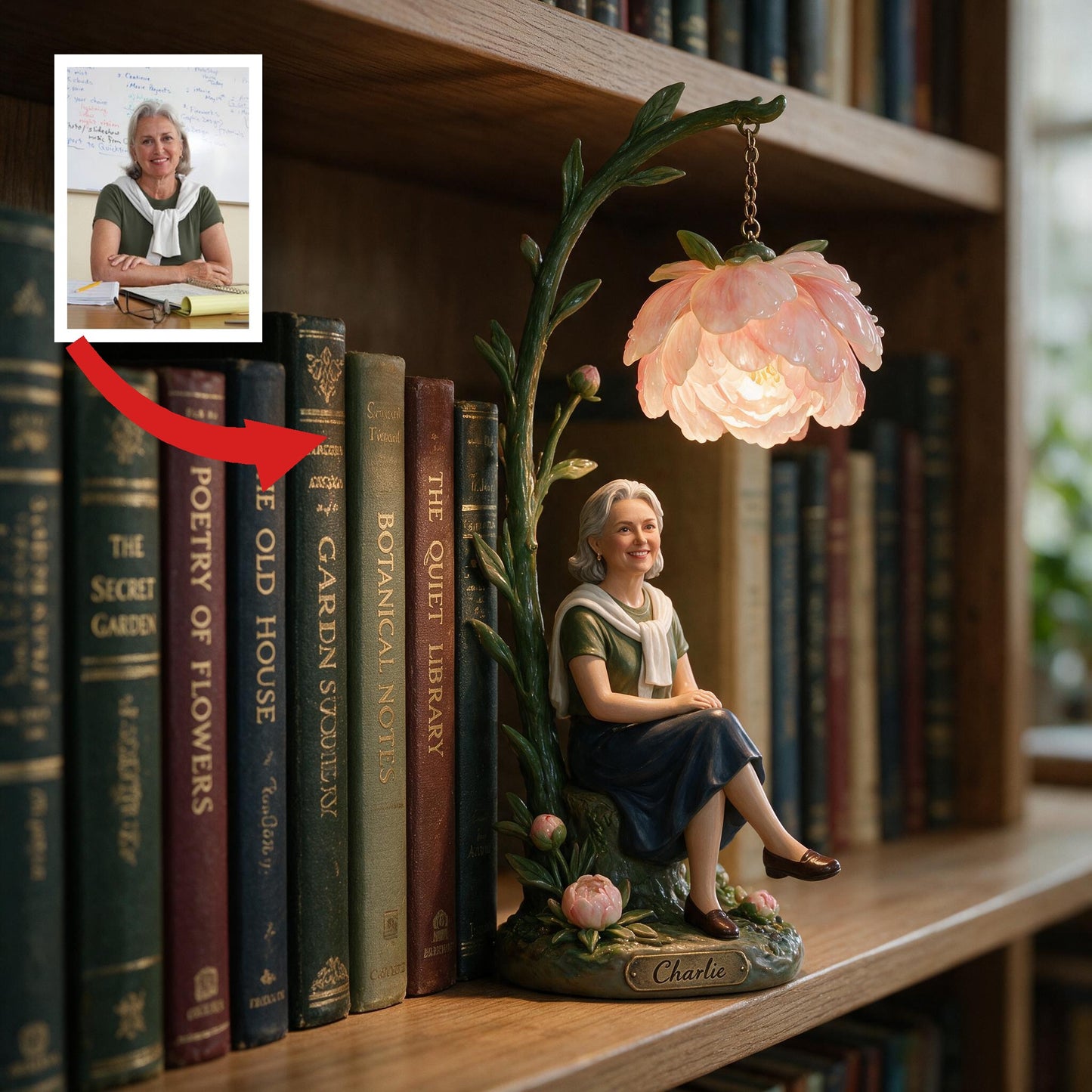 Custom Personalized Teacher Peony Flower Bookshelf Lamp Warm LED Decor Gift for Reading Nook Home Shelves
