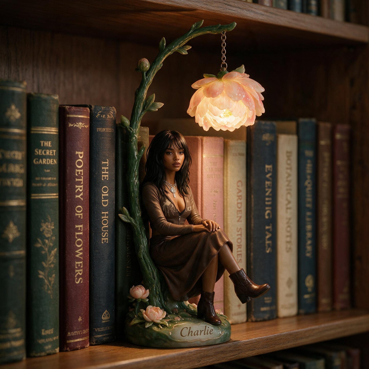 Custom Personalized Adult Woman Peony Flower Bookshelf Lamp, Cozy Reading Nook Decor Unique Self Love Gift for Book Lovers