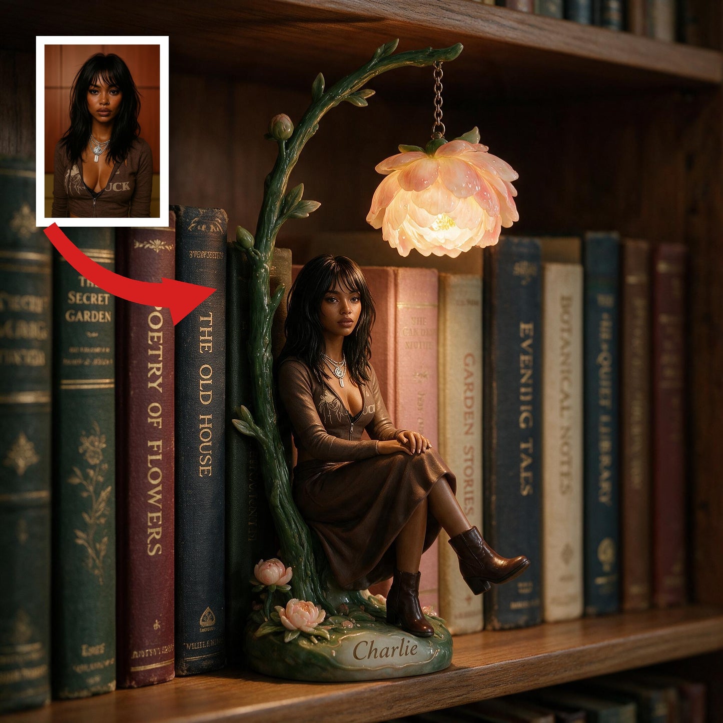 Custom Personalized Adult Woman Peony Flower Bookshelf Lamp, Cozy Reading Nook Decor Unique Self Love Gift for Book Lovers