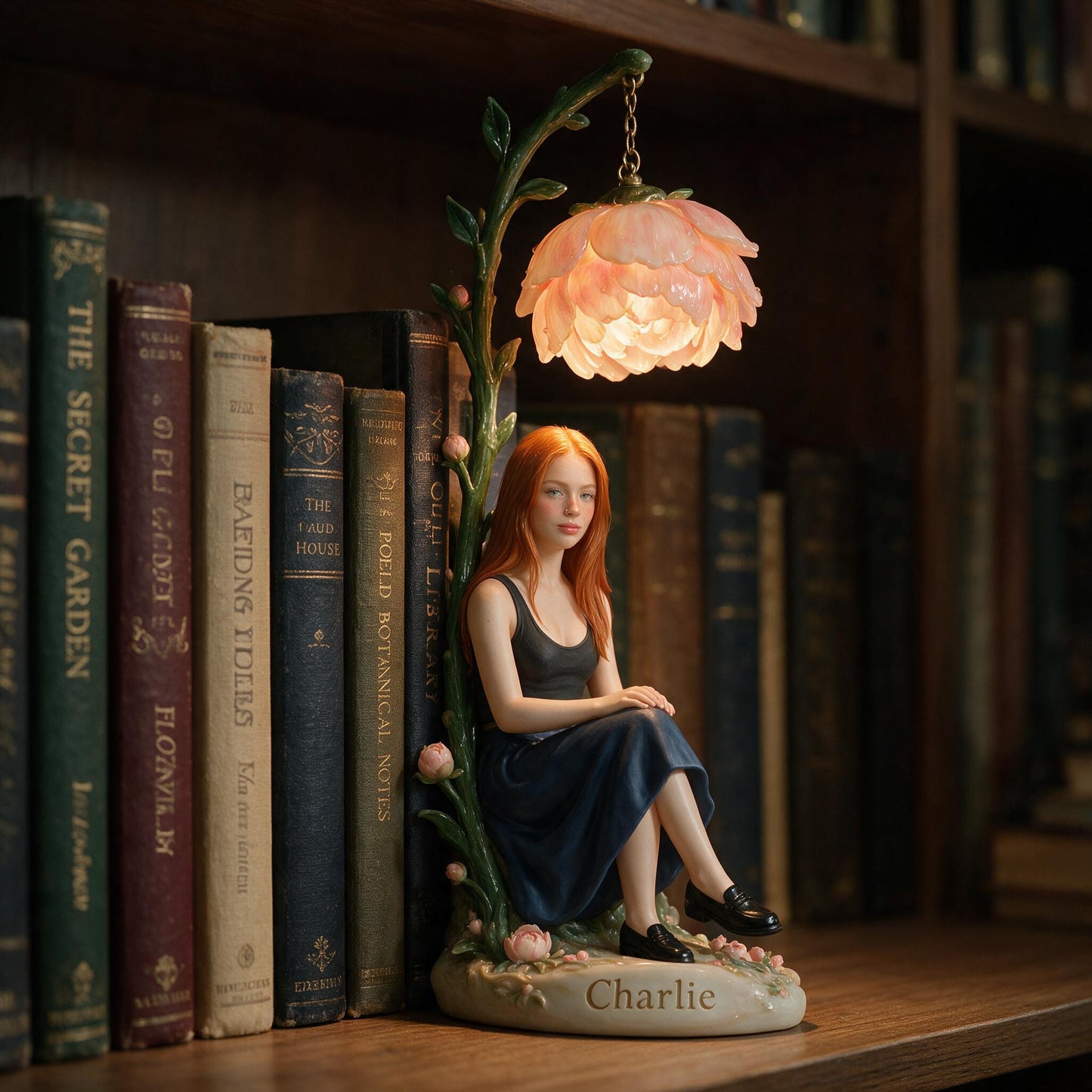 Personalized Red-Haired Adult Woman Peony Bookshelf Lamp Custom Cozy Reading Nook Decor Unique Book Lover Gift