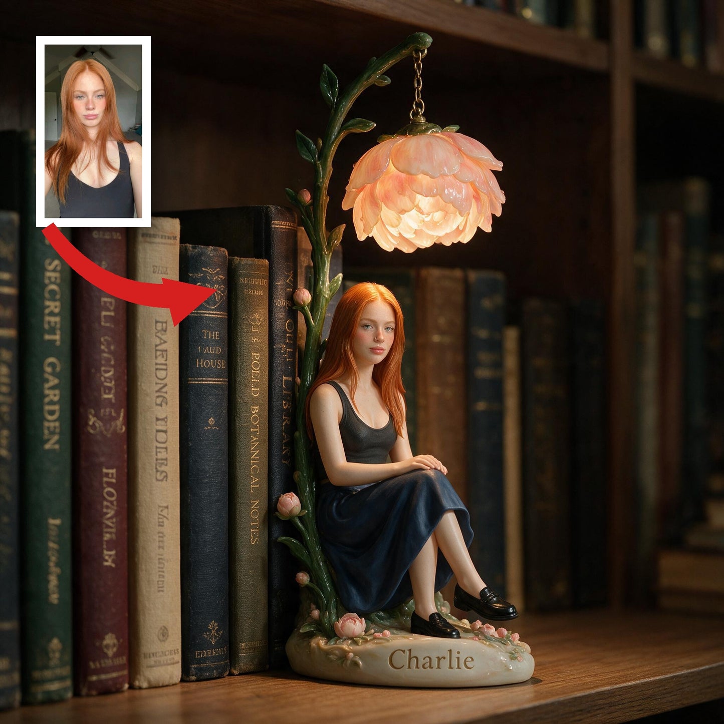 Personalized Red-Haired Adult Woman Peony Bookshelf Lamp Custom Cozy Reading Nook Decor Unique Book Lover Gift