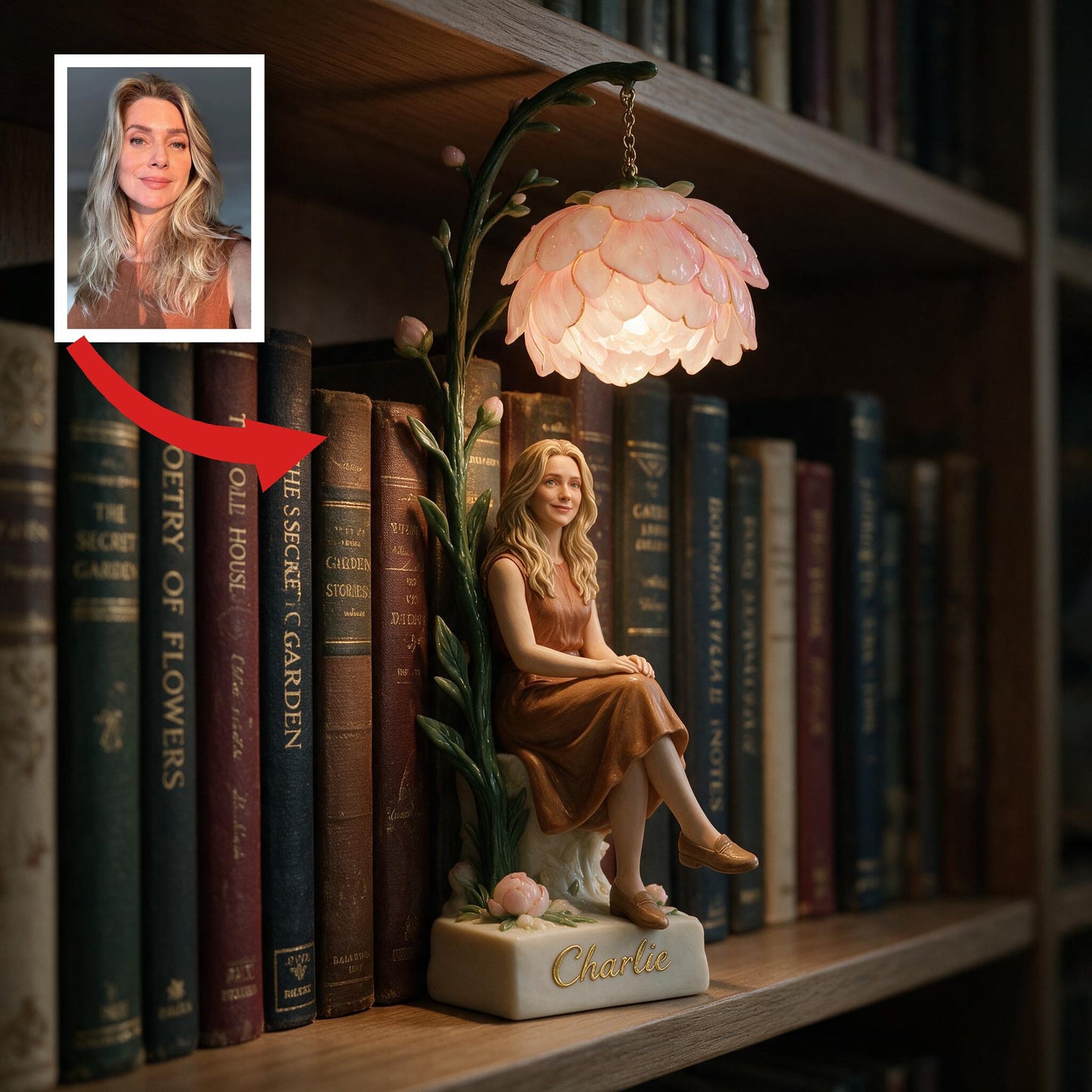 Personalized Adult Woman Pink Peony Bookshelf Lamp, Custom Cozy Reading Nook Decor Gift for Book Lovers