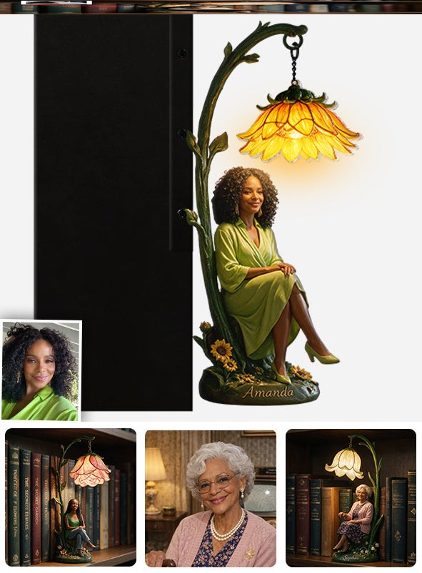 Personalized Elegant Seated Latin Woman Peony Flower Bookshelf Lamp, Custom Cozy Reading Nook Gift for Book Lovers