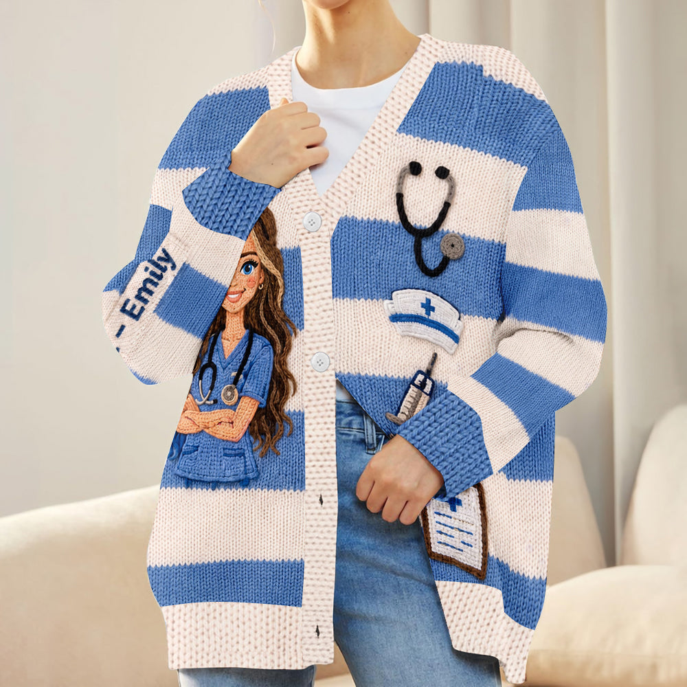 Personalized Registered black Nurse Life Striped Knit Cardigan Sweater, Thoughtful Appreciation Gift for Healthcare Workers