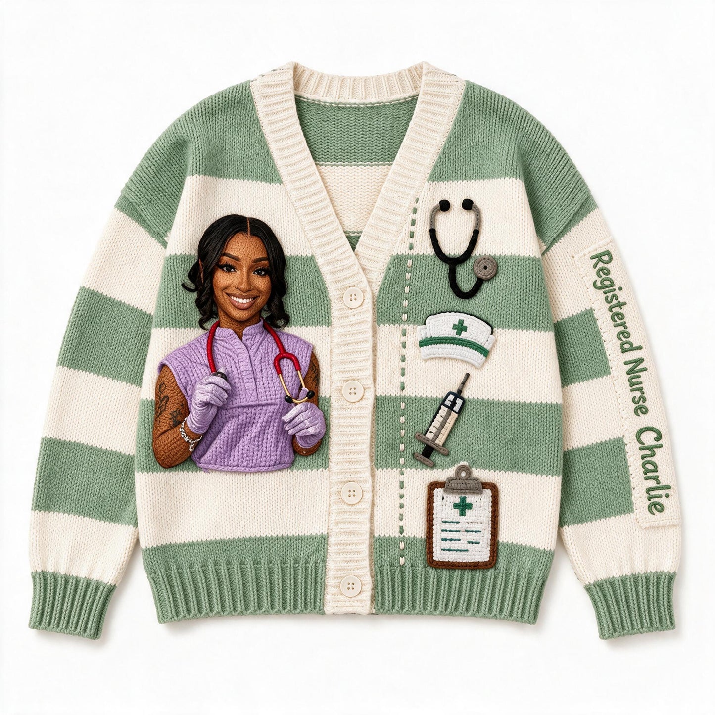 Personalized Registered Nurse Cardigan Sweater | Cute Faux Knit Nurse Life Design, Perfect Latin Nurse Appreciation Gift for Work and Casual Wear