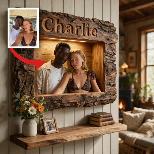 Rustikale personalisierte Paarporträt Holzschweberegal | Lustiges Geschenk ohne Rückgabe für Beziehungen zu Jubiläen, Valentinstag und Einweihungen
