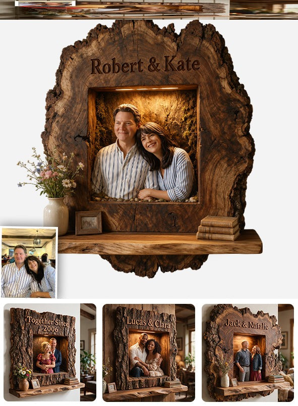 Rustic Personalized Couple Portrait Wooden Floating Shelf | Funny No Returns Relationship Gift for Anniversaries, Valentine and Housewarming