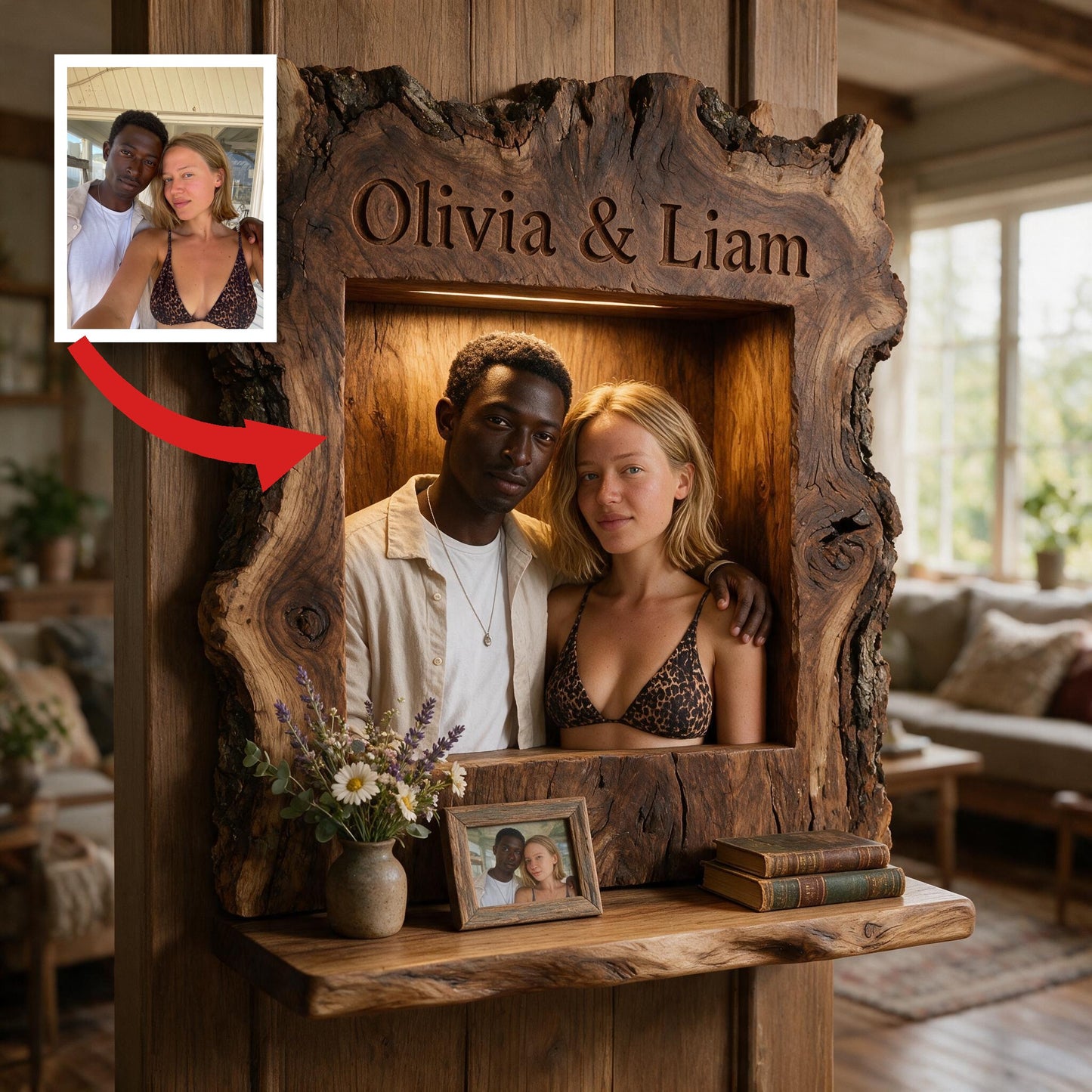 Rustic Live Edge Personalized Couple Wooden Floating Shelf - 'I'm Yours No Returns' Romantic Anniversary Home Decor Gift