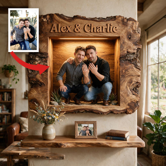 Personalisierte LGBT Lateinische Paar Live Edge Holz Wandregal, Einzigartiges Verlobungs- und Hochzeitsgeschenk für queere Paare