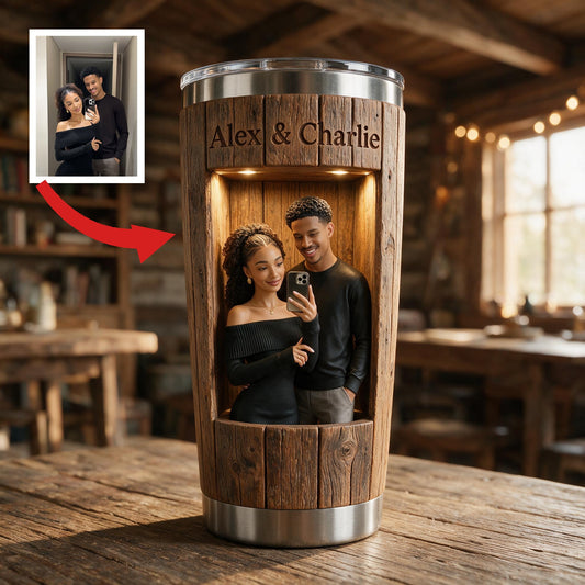 Personalisierter Rustikaler 3D Selfie-Becher für junge schwarze Paare - 'Du & Ich, wir schaffen das' Romantisches Geschenk zur Jubiläumsfeier