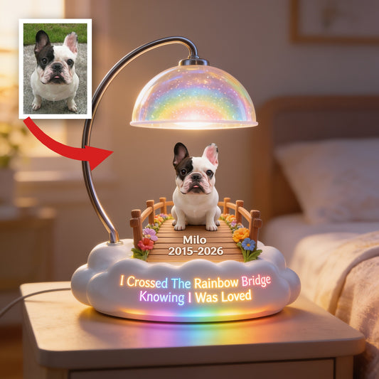 Personalisierte Französische Bulldogge Regenbogenbrücke Gedenk-Acryl-LED-Nachtlicht, Trostgeschenk für den Verlust von Haustieren