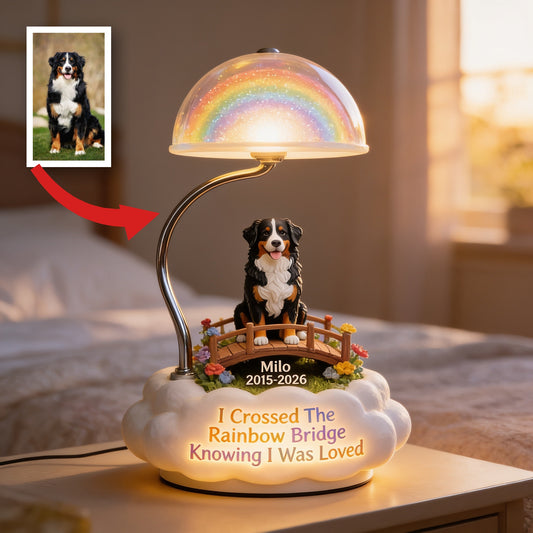 Personalisierte Tri-Color Australian Shepherd Rainbow Bridge Gedenk-Acryl LED Nachtlicht, Trostgeschenk für Tierverlust