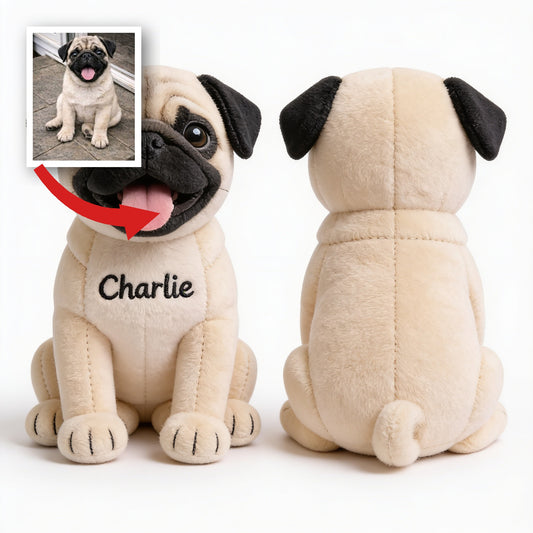 Personalisierter Sitzender Reh-Pug Plüsch Schlüsselanhänger, Individuelles Hundefutter Geschenk für Pug-Besitzer und Tierliebhaber
