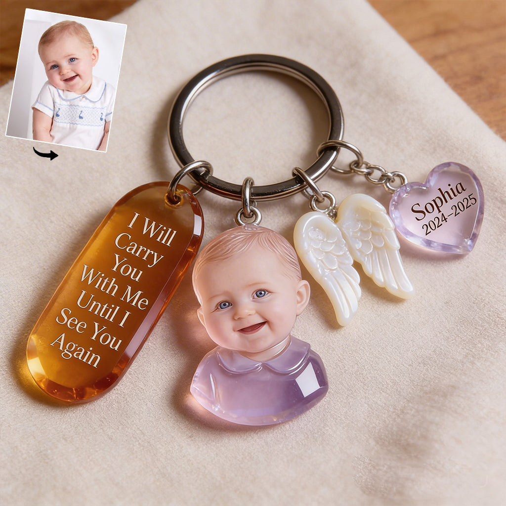 Custom Woman Portrait Memorial Keychain Personalized Sympathy Remembrance Keepsake with Angel Wing Charms Loss of Loved One Gift