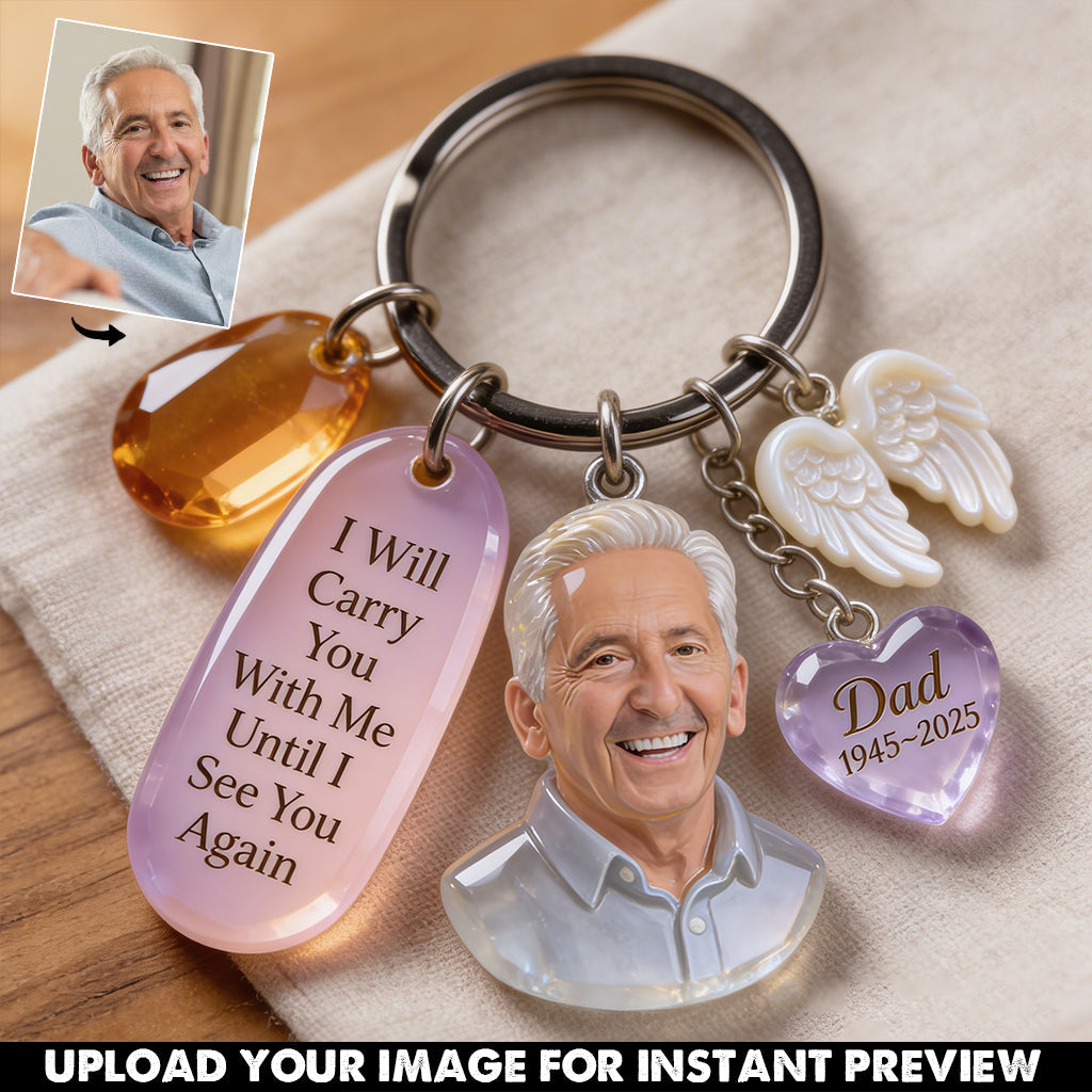 Custom Latin Man Portrait Memorial Keychain with Angel Charms, Personalized Photo Sympathy Remembrance Keepsake Gift