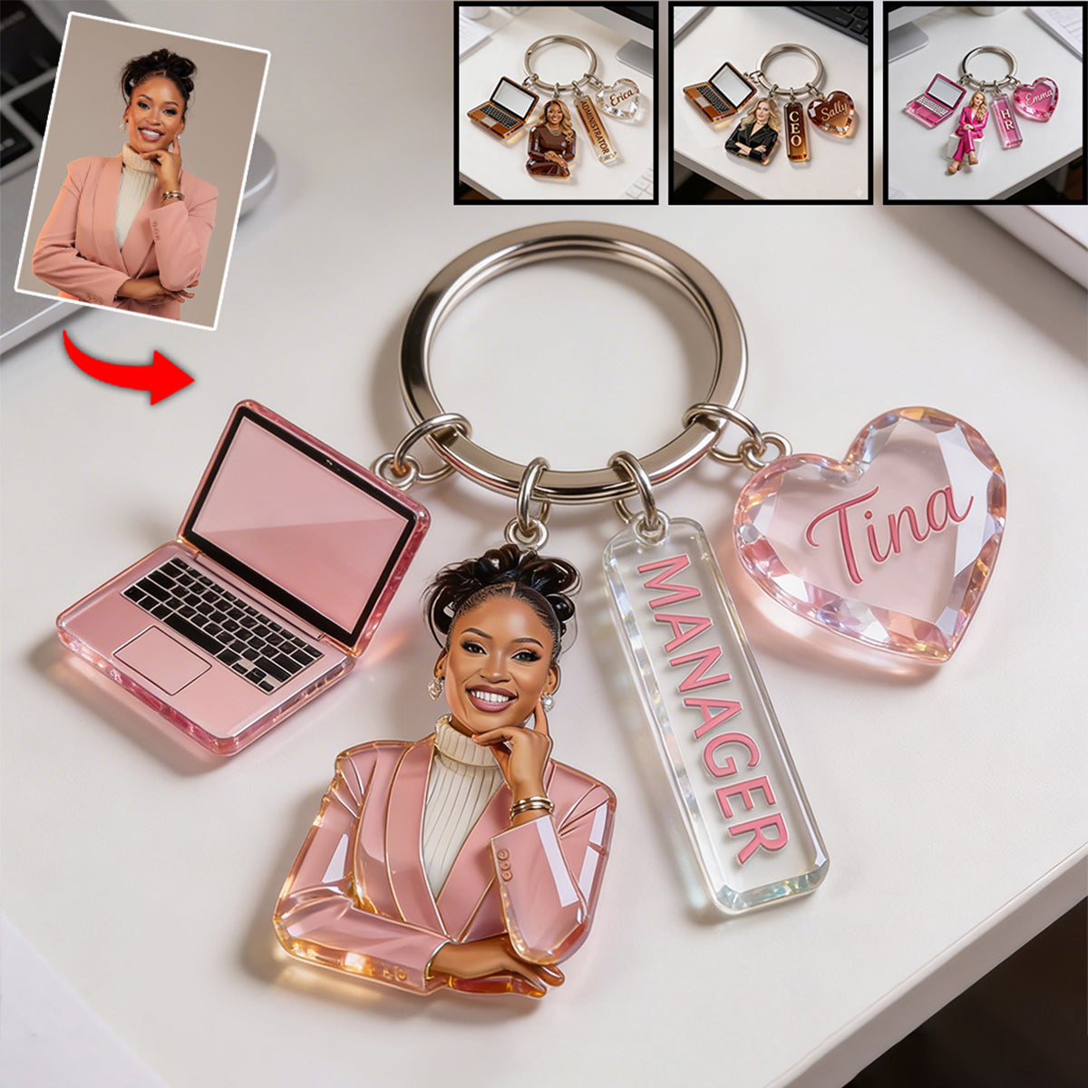 Personalized Adult Woman Portrait Keychain, Custom Office Team Appreciation Gift For Coworker Colleague With Charms