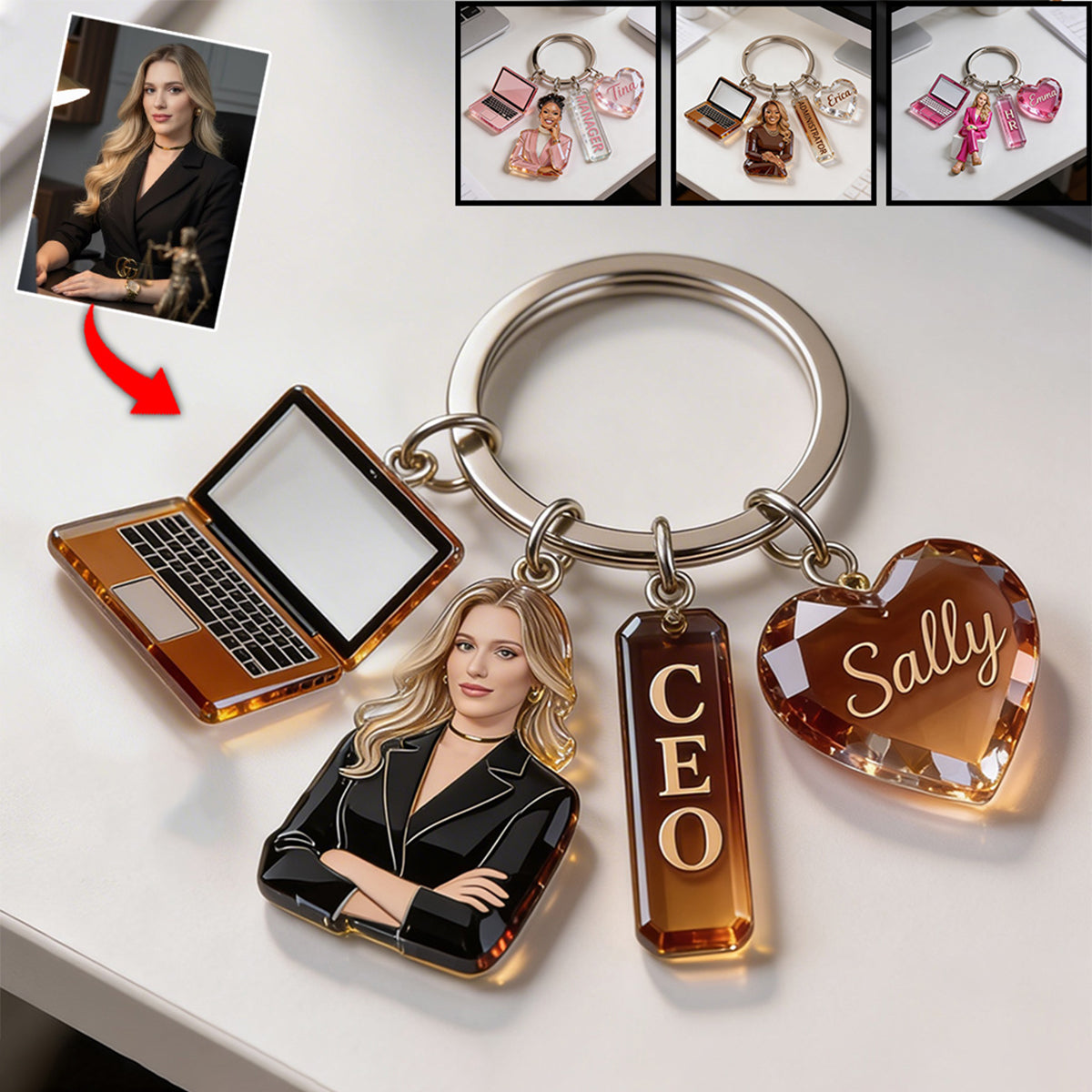 Personalized Adult Black Man Portrait Keychain, Custom Office Colleague Appreciation Gift With Themed Charms