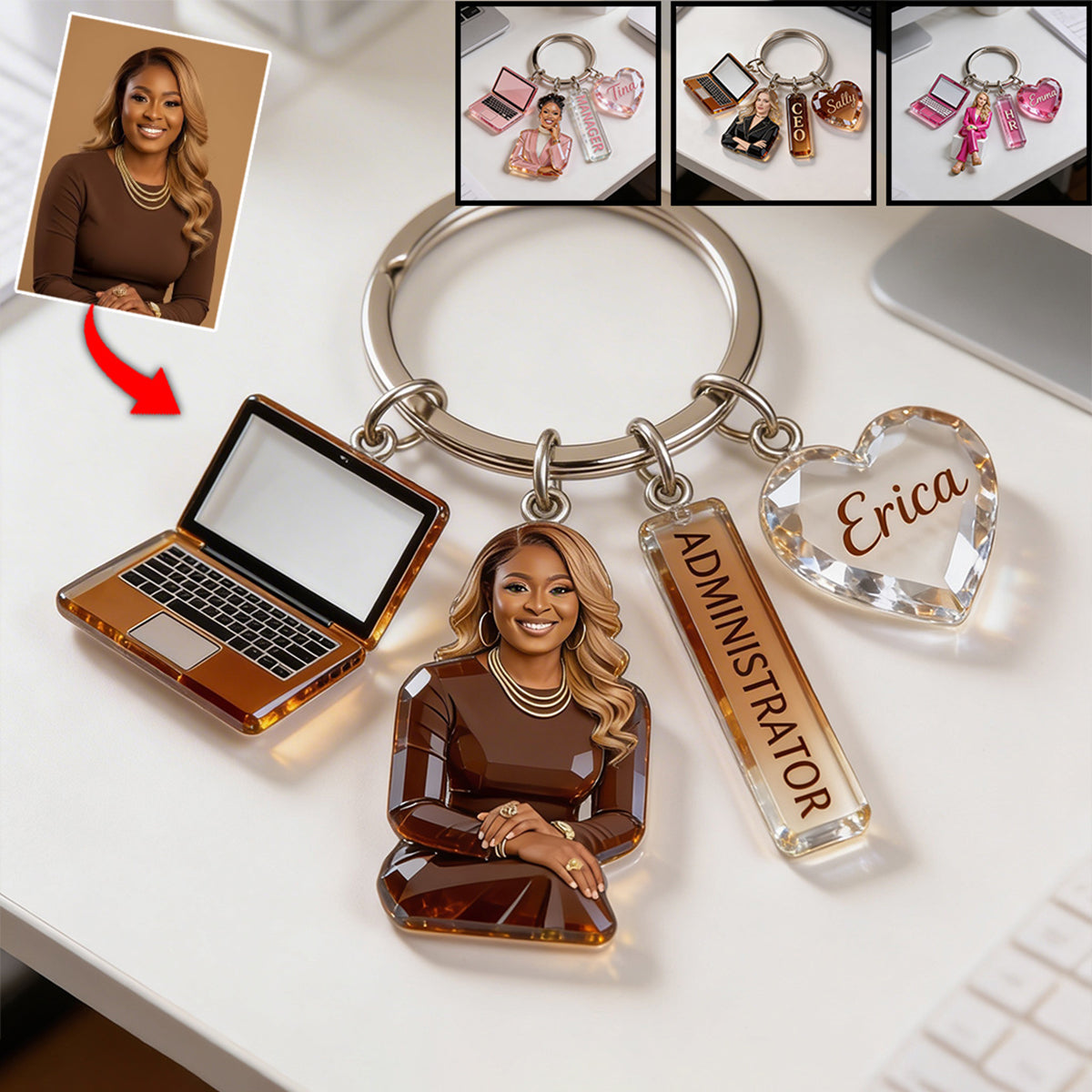 Personalized Adult Latin Man Portrait Keychain, Custom Office Colleague Staff Appreciation Gift With Themed Charms