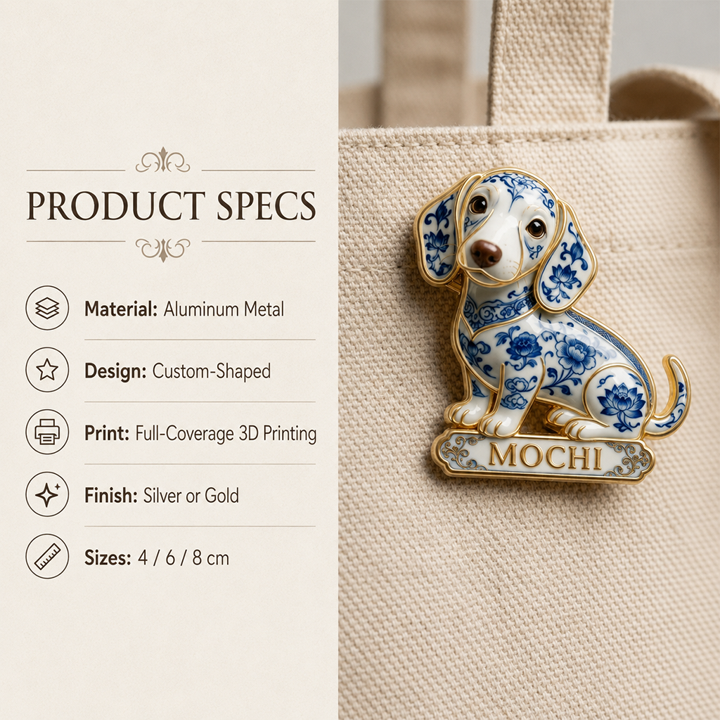 Personalized Blue & White Porcelain Fluffy Poodle 3D Embossed Enamel Pin, Poodle Owner Gift Accessory