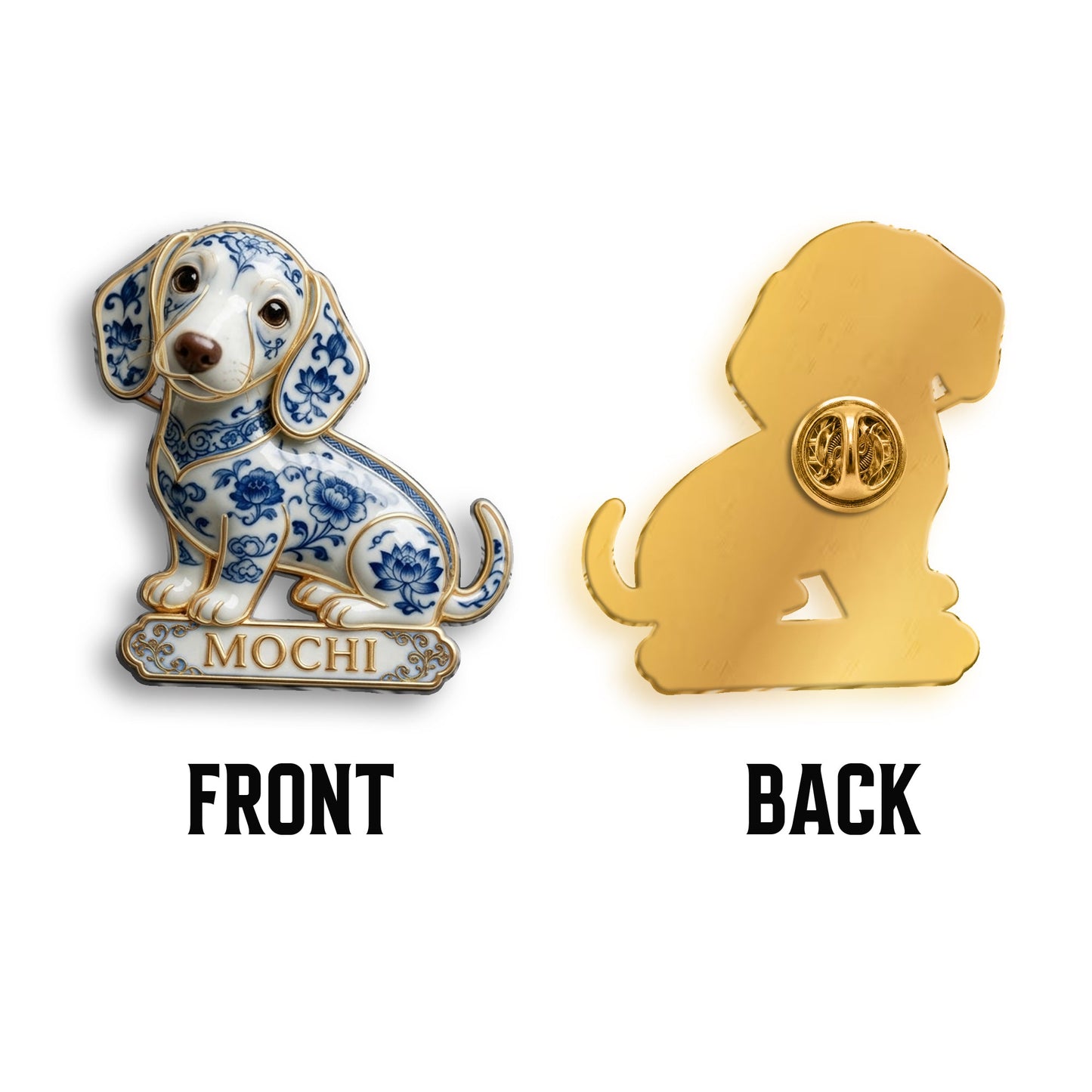 Personalisierte blaue und weiße Porzellan Pomeranian 3D-Emblem-Anstecknadel, Geschenk für Hundeliebhaber