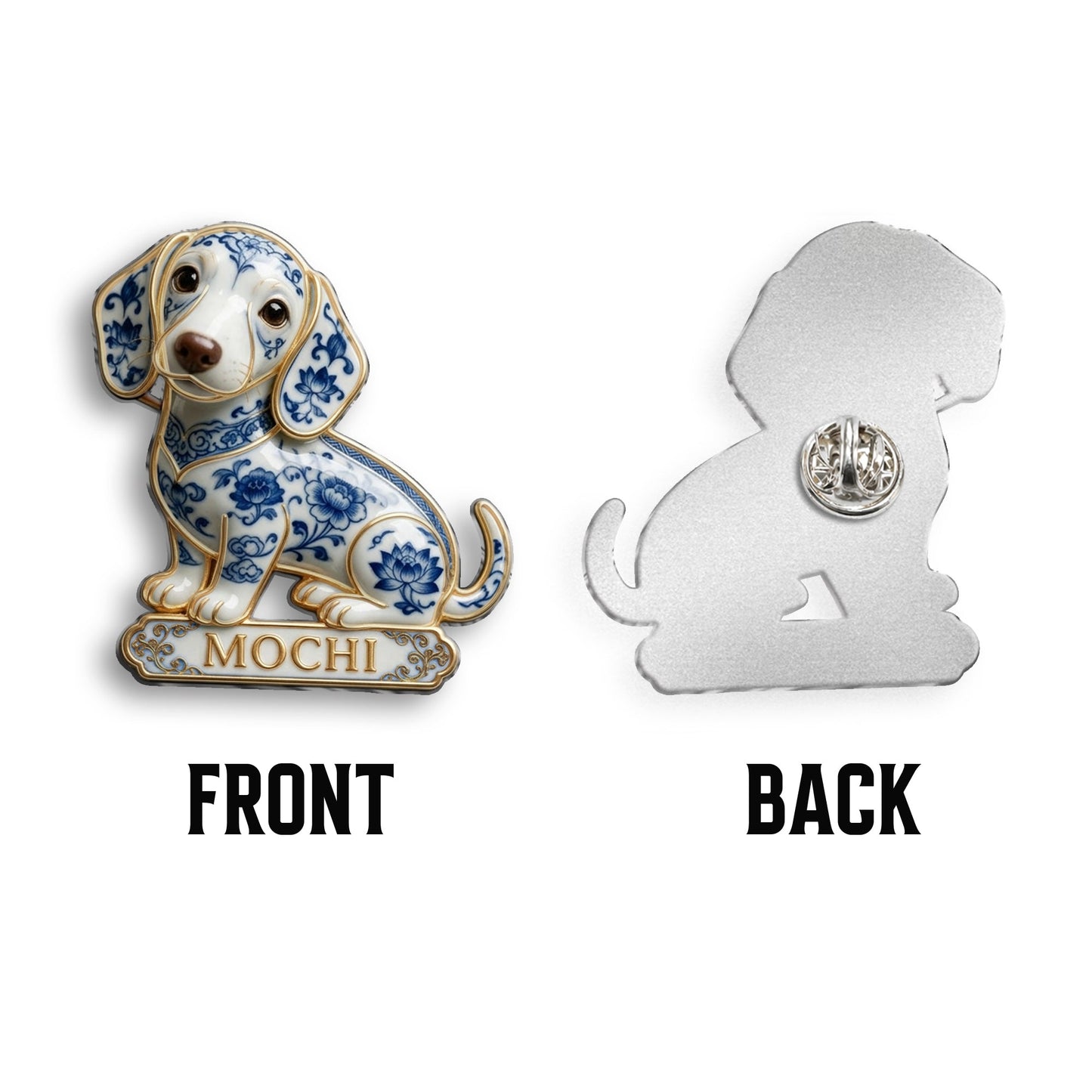 Personalized Blue & White Porcelain Dachshund 3D Embossed Enamel Pin, Cute Gift for Dachshund Dog Lovers