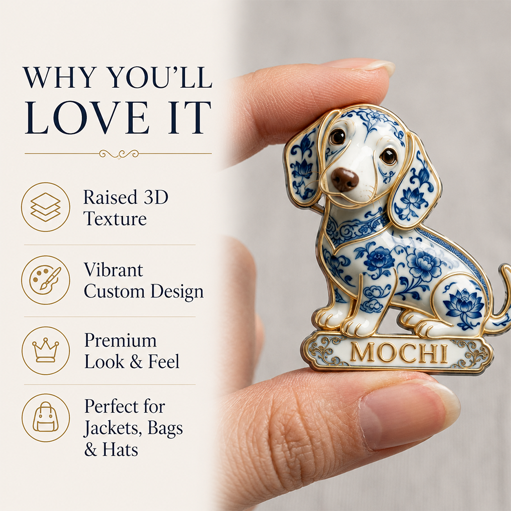 Personalisierte blaue und weiße Porzellan sitzende Mops 3D-Relief-Emaille-Nadel, süßes Geschenk für Mopsbesitzer für Jacken, Taschen und Sammlungen