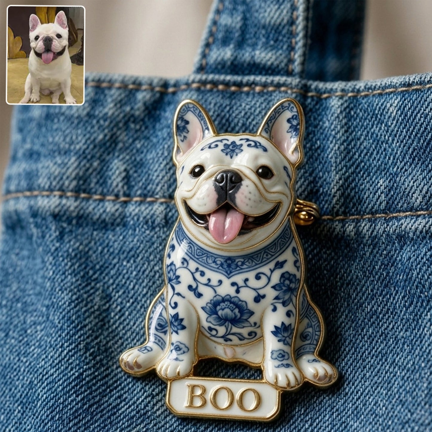 Personalisierte blaue und weiße Porzellan Shih Tzu 3D-Relief Emaille-Anstecknadel, individuelles Geschenk für Hundeliebhaber
