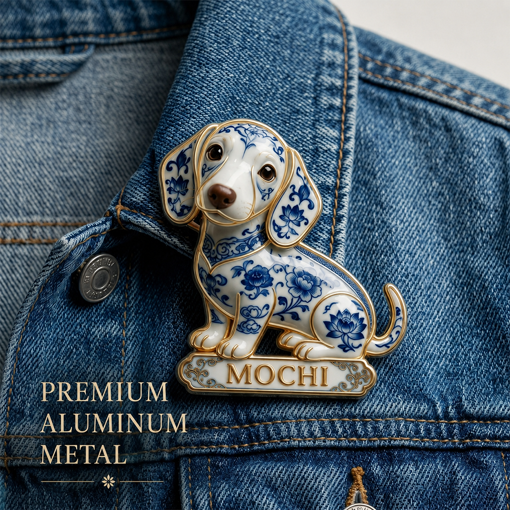 Personalisierte blaue & weiße Porzellan Welsh Corgi 3D-Relief Emaille-Anstecknadel, Geschenk für Corgi-Besitzer