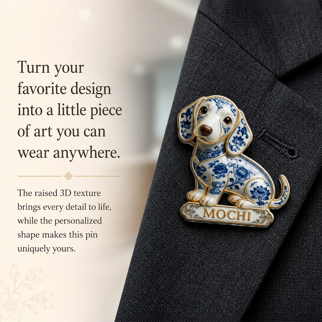 Personalisierte blaue & weiße Porzellan Welsh Corgi 3D-Relief Emaille-Anstecknadel, Geschenk für Corgi-Besitzer