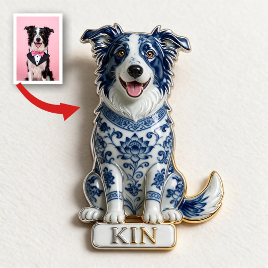 Blau-Weiße Porzellan Border Collie 3D Präge Emaille-Anstecker, Personalisierbares Geschenk für Border Collie Liebhaber