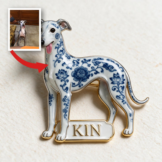 Personalisierte 3D-Relief-Emaille-Nadel mit blau-weißem Porzellan Greyhound, Geschenk für Hundeliebhaber