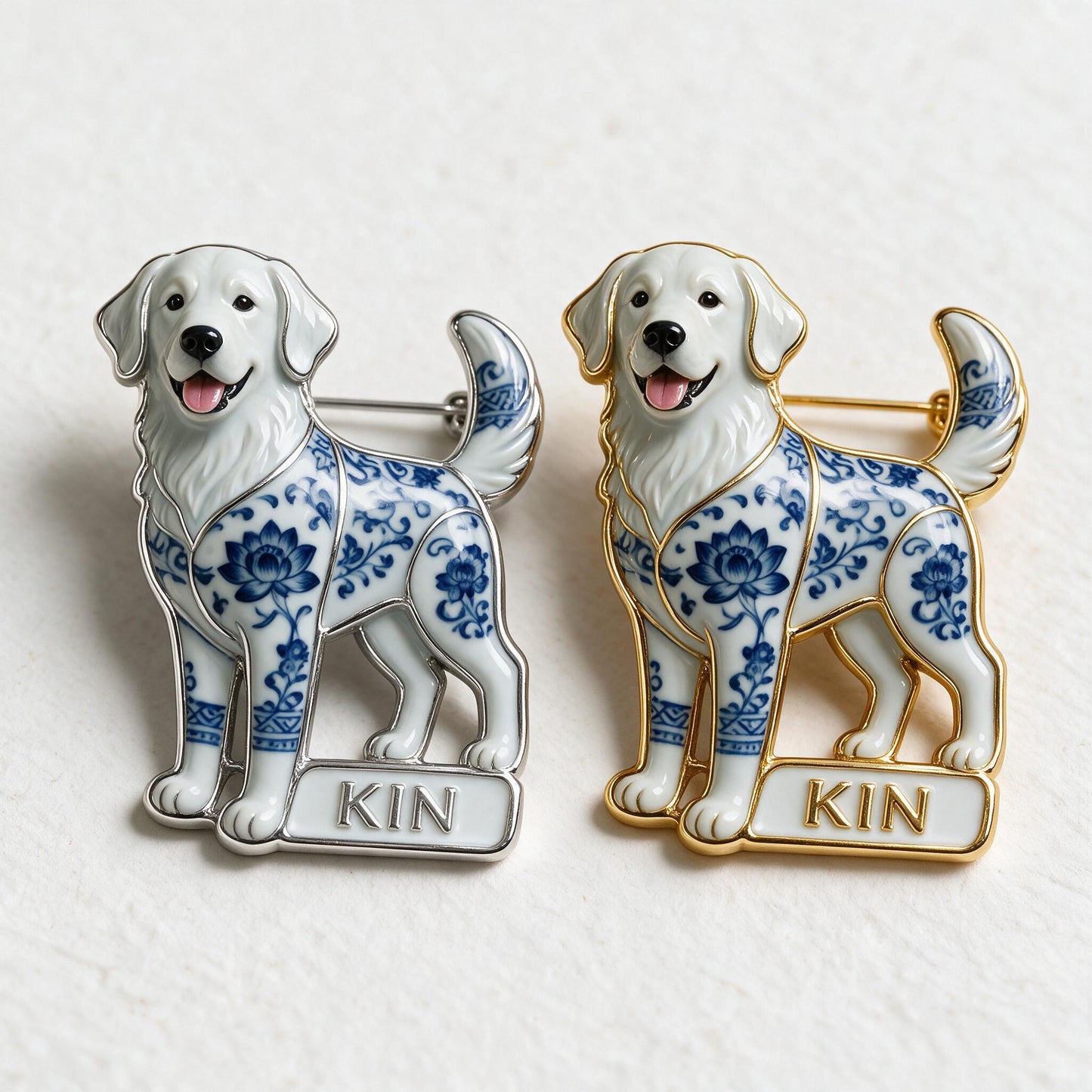 Personalisierte blaue & weiße Porzellan Golden Retriever 3D-Relief Emaille-Anstecknadel, Geschenk für Hundeliebhaber