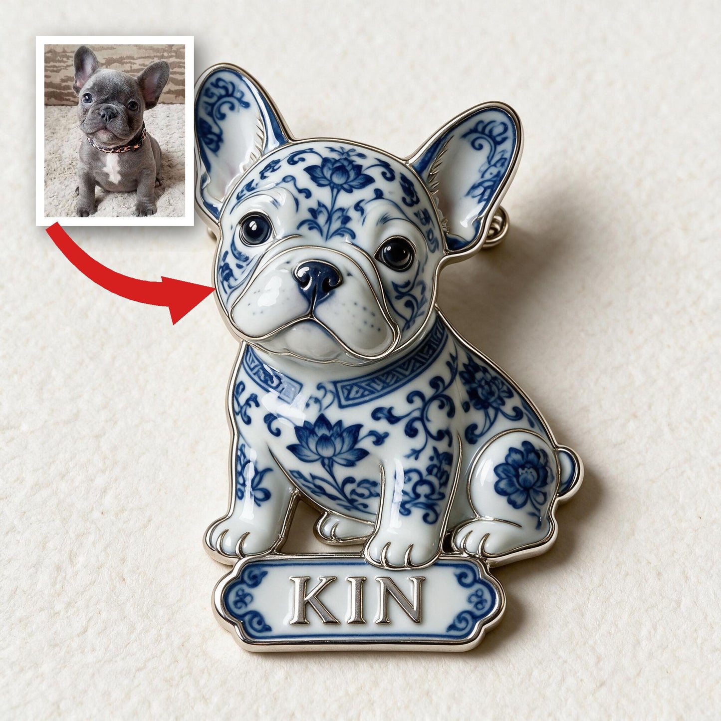 Personalisierte 3D-Relief-Emailleschließe Französische Bulldogge in Blau und Weiß