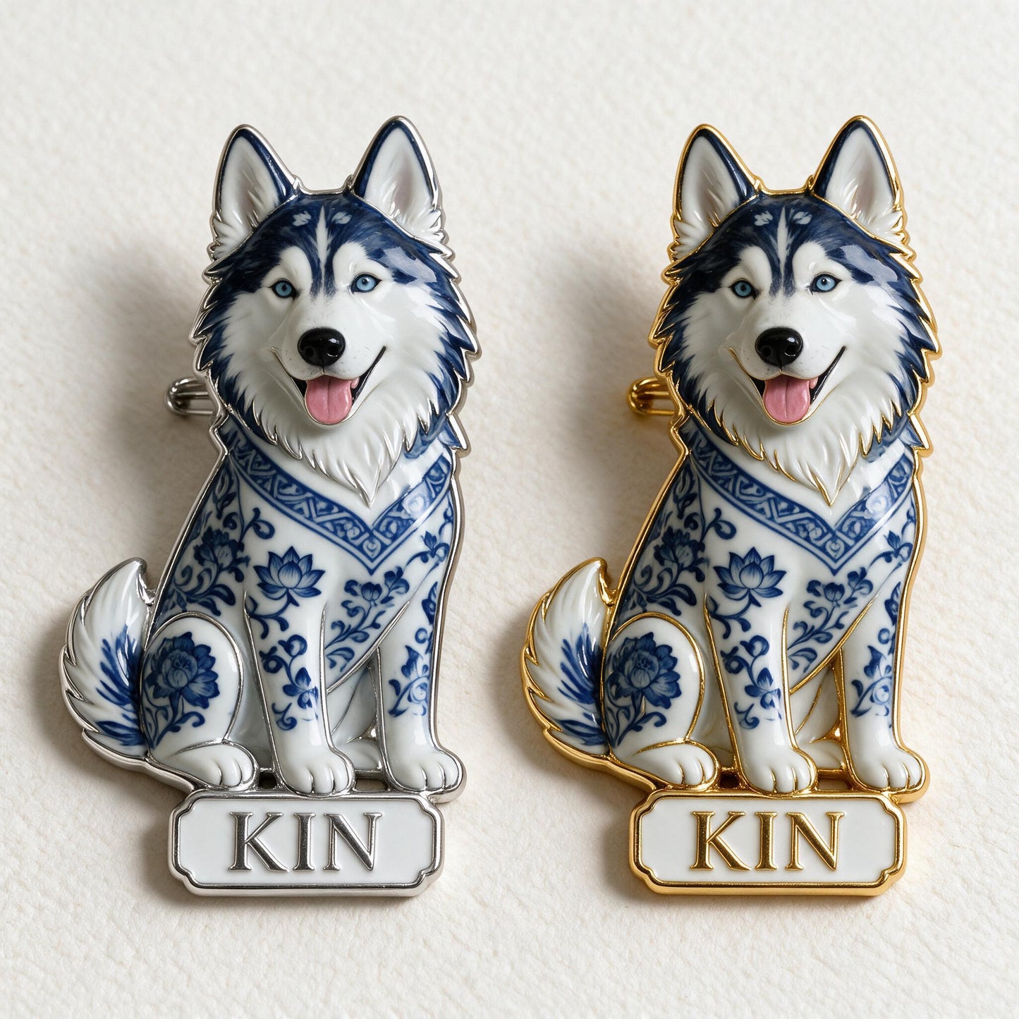 Personalized Blue & White Porcelain Siberian Husky 3D Embossed Enamel Pin Dog Lover Gift