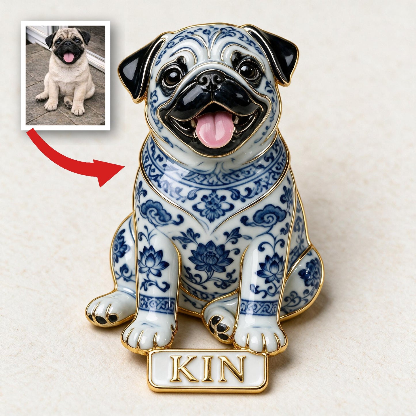 Personalisierte blaue und weiße Porzellan sitzende Mops 3D-Relief-Emaille-Nadel, süßes Geschenk für Mopsbesitzer für Jacken, Taschen und Sammlungen