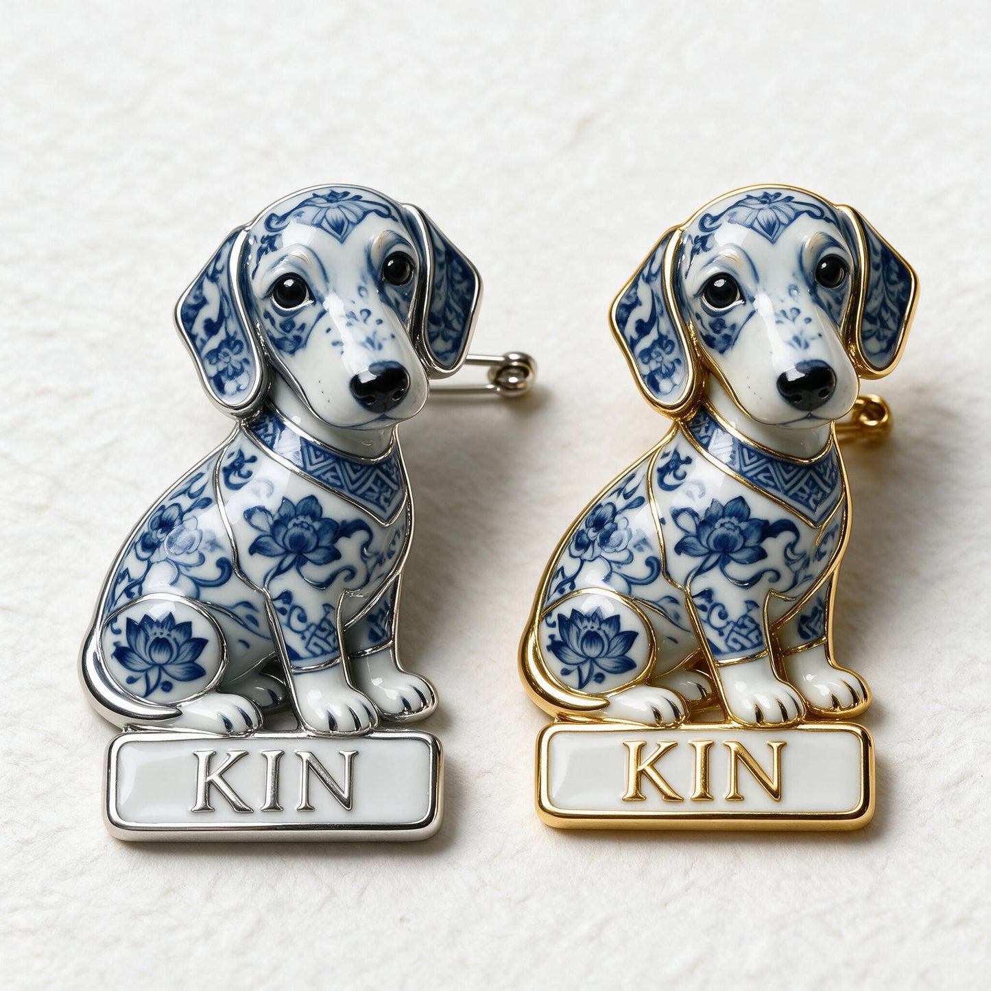 Personalized Blue & White Porcelain Dachshund 3D Embossed Enamel Pin, Cute Gift for Dachshund Dog Lovers