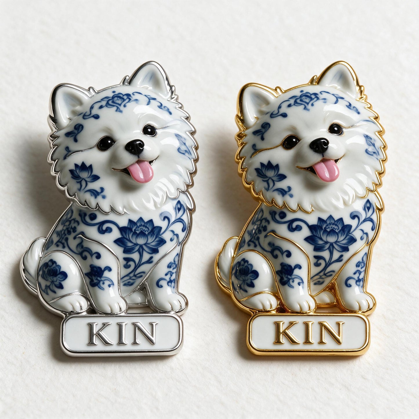 Personalisierte blaue und weiße Porzellan Pomeranian 3D-Emblem-Anstecknadel, Geschenk für Hundeliebhaber