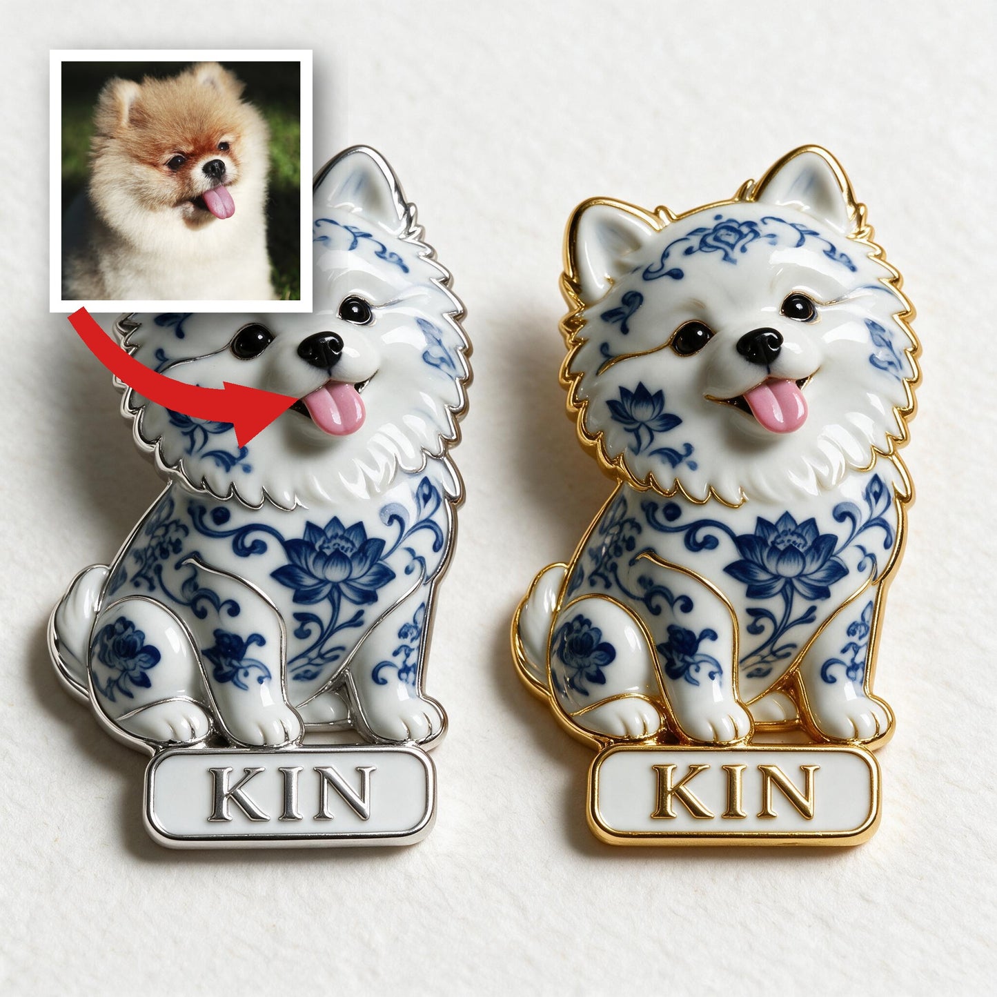 Personalisierte blaue und weiße Porzellan Pomeranian 3D-Emblem-Anstecknadel, Geschenk für Hundeliebhaber