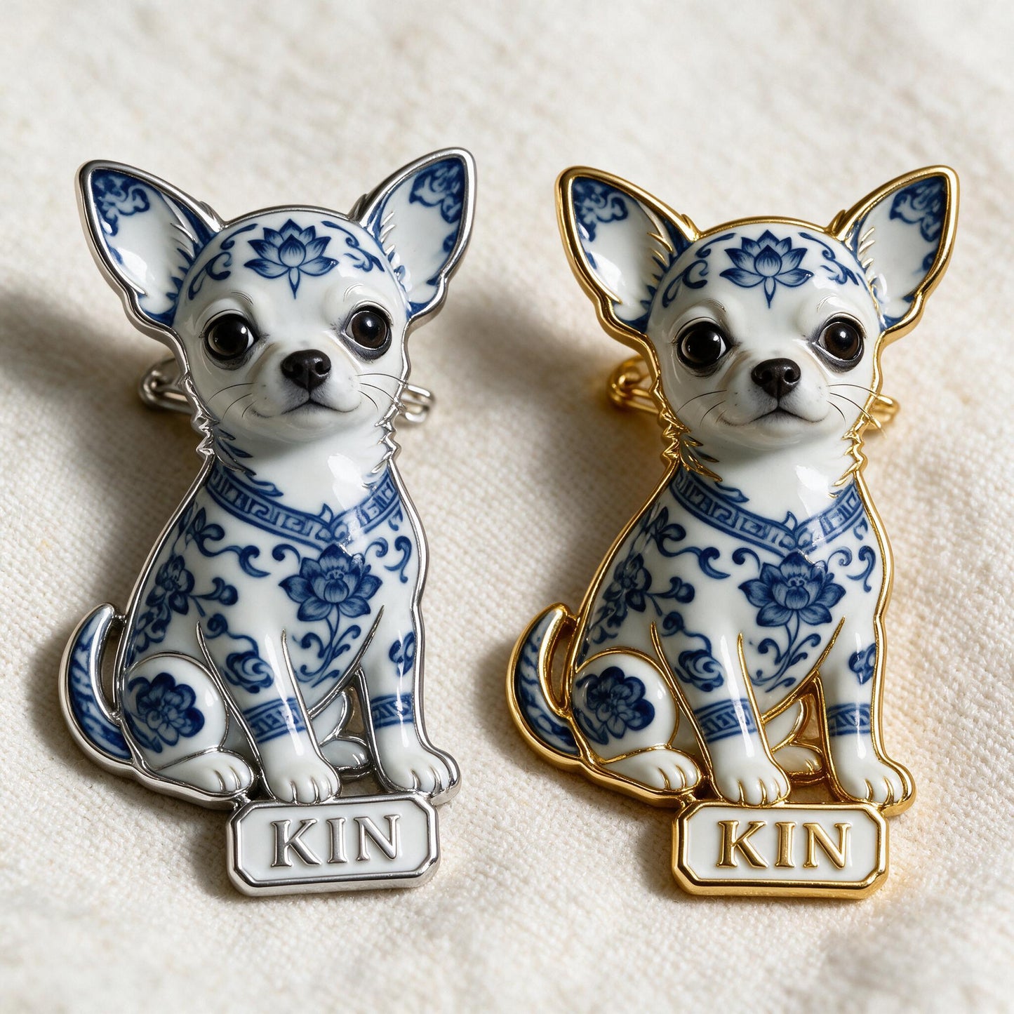Personalisierte blaue & weiße Porzellan Chihuahua 3D-Relief-Emaille-Nadel, süßes individuelles Geschenk für Chihuahua-Liebhaber