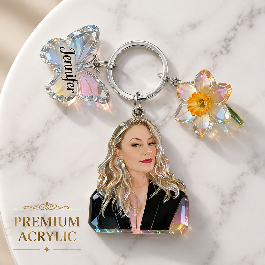 Personalized Smiling Latina Mom Portrait Acrylic Keychain with Rose & Butterfly Charms, Custom Sentimental Gift for Mom