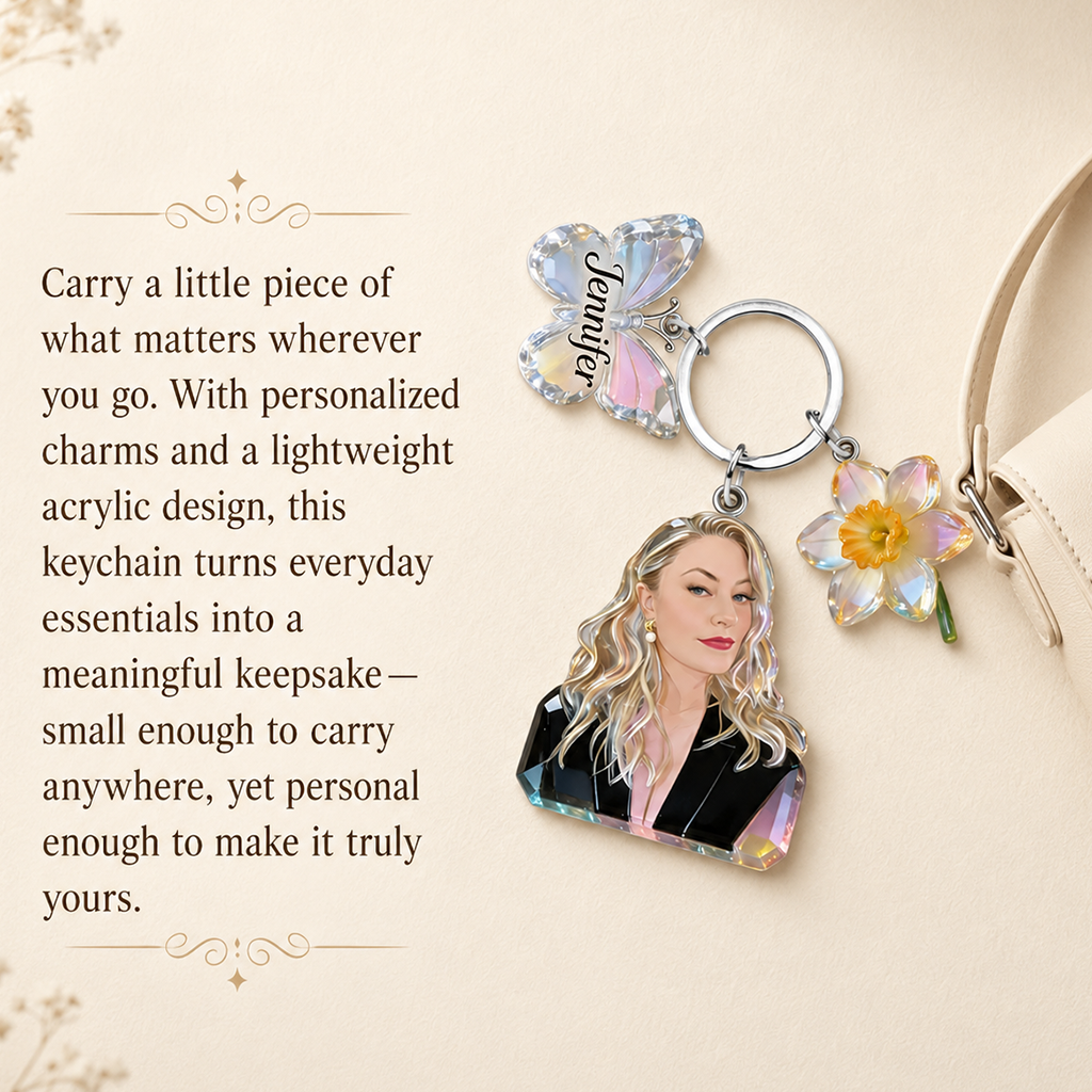 Personalized Black Woman Portrait Keychain - Custom Birth Flower & Name Charm Self Love Keepsake Gift