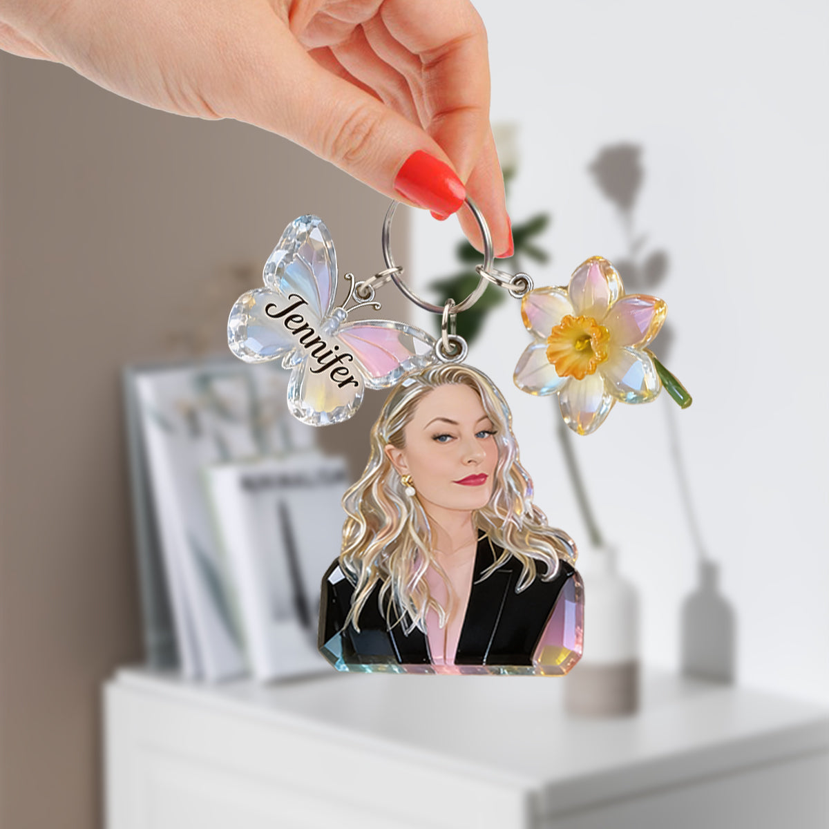 Personalized Black Woman Portrait Keychain - Custom Birth Flower & Name Charm Self Love Keepsake Gift